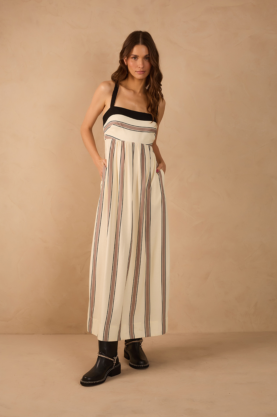 Beige Parque Stripes Square Neck Pockets Linen Maxi Dress_1