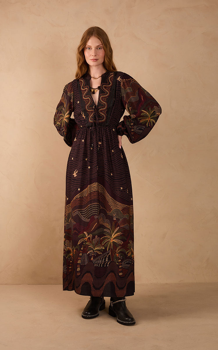 Brown Cena Carioca Front Ties Puff Sleeve Maxi Dress