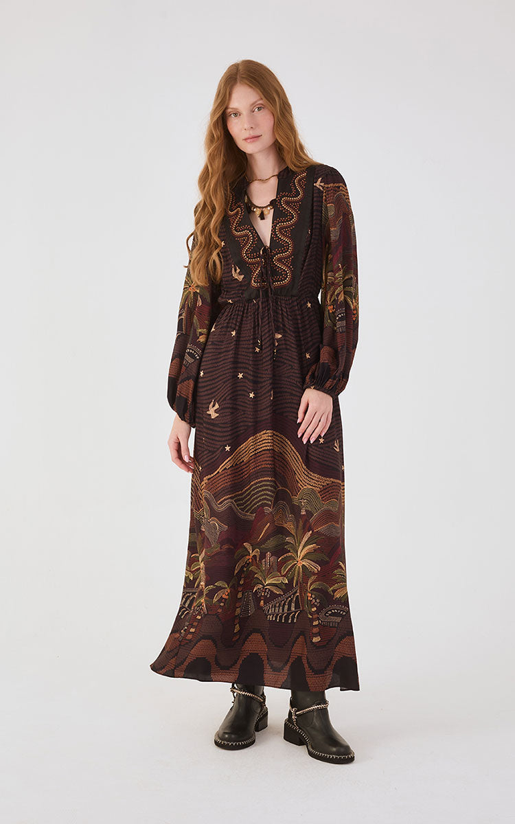 Brown Cena Carioca Front Ties Puff Sleeve Maxi Dress_2