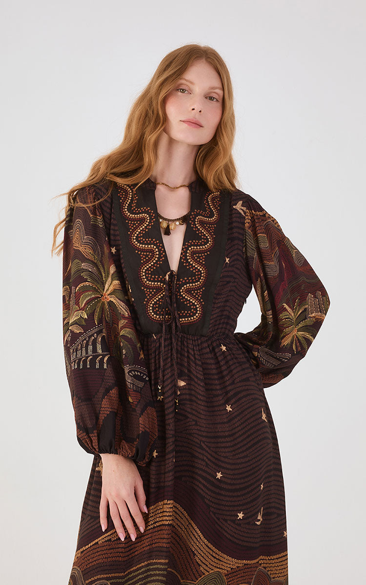 Brown Cena Carioca Front Ties Puff Sleeve Maxi Dress_3