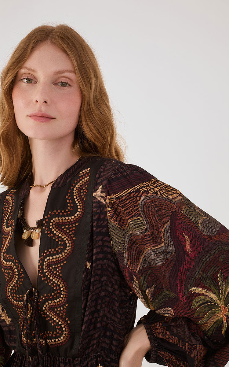 Brown Cena Carioca Front Ties Puff Sleeve Maxi Dress