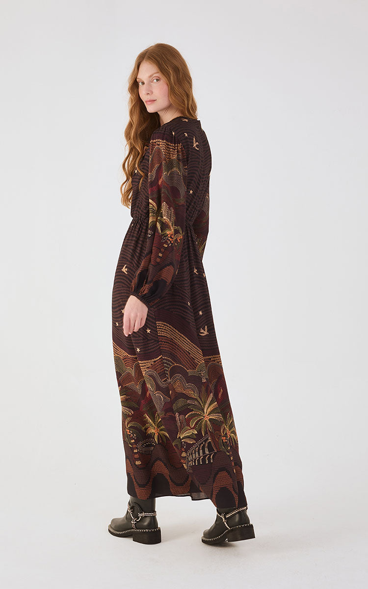 Brown Cena Carioca Front Ties Puff Sleeve Maxi Dress
