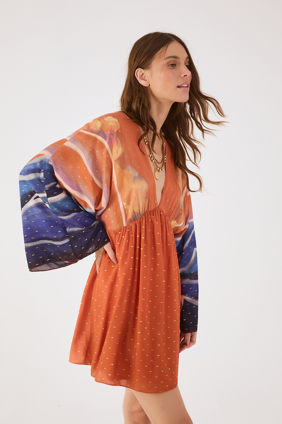 Orange Mare Alta Lurex V Neck Kimono Sleeve Mini Dress_3
