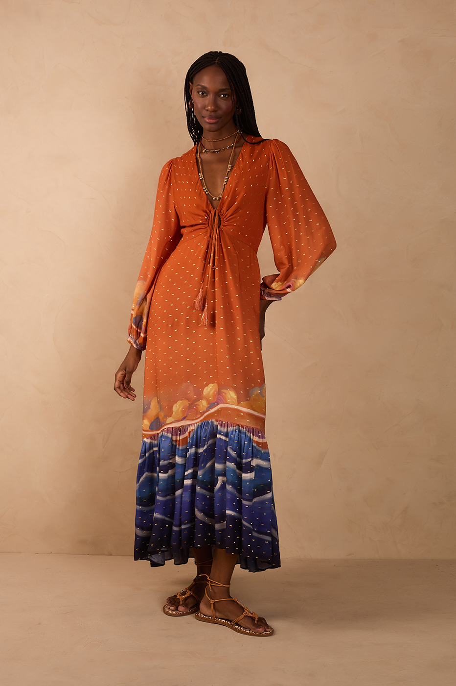 Orange Mare Alta Lurex Front Cut-Out Ties Maxi Dress_1