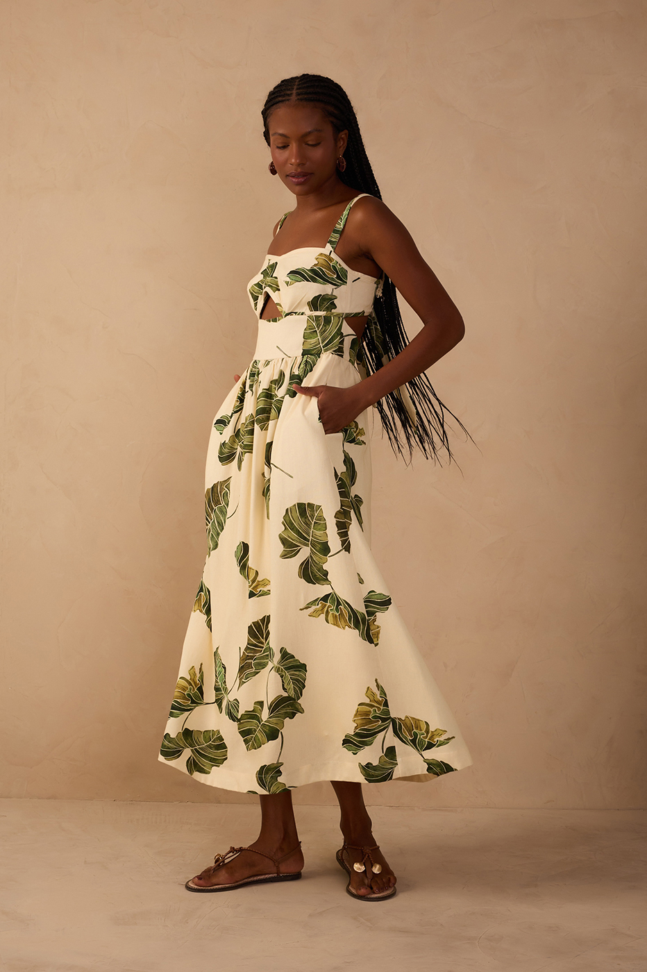 Beige Folhar Cut-Out Linen Midi Dress_1