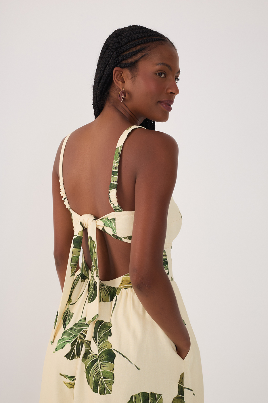 Beige Folhar Cut-Out Linen Midi Dress_5