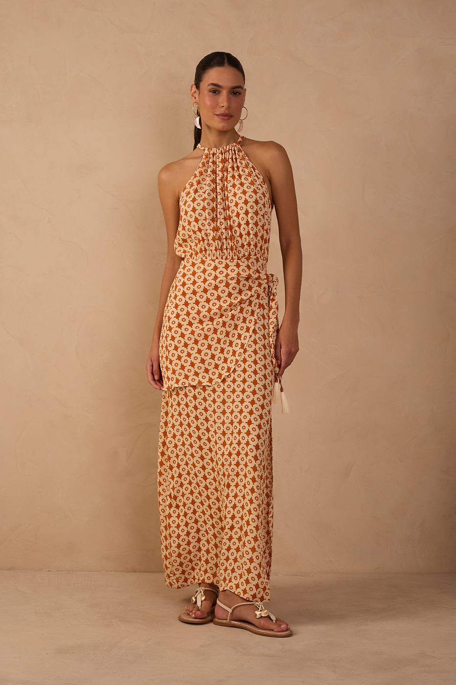 Beige Melissa Halter Neck Wrap Maxi Dress_1