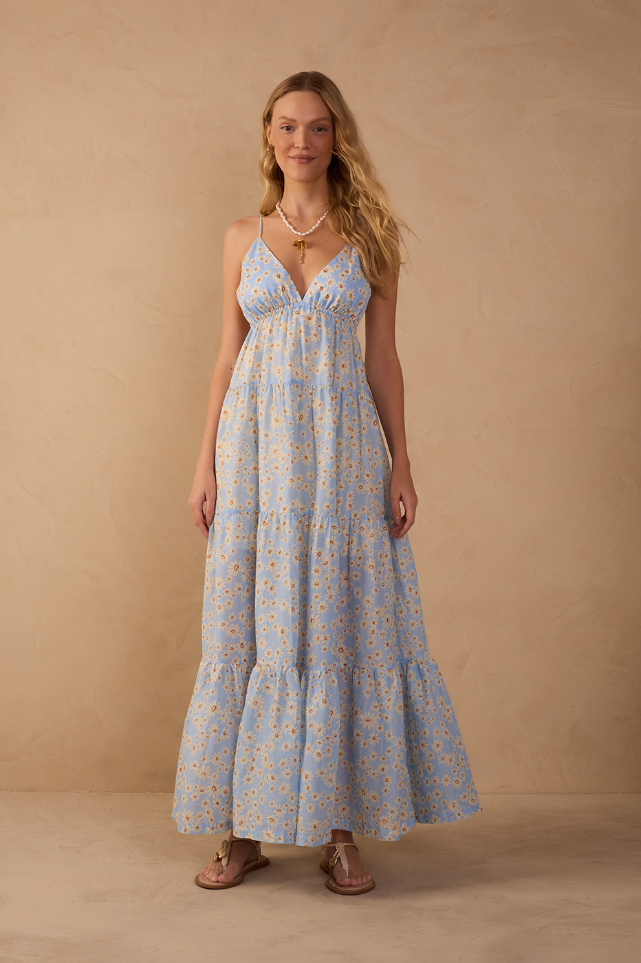 Long Margaridas Azul Print Dress_1