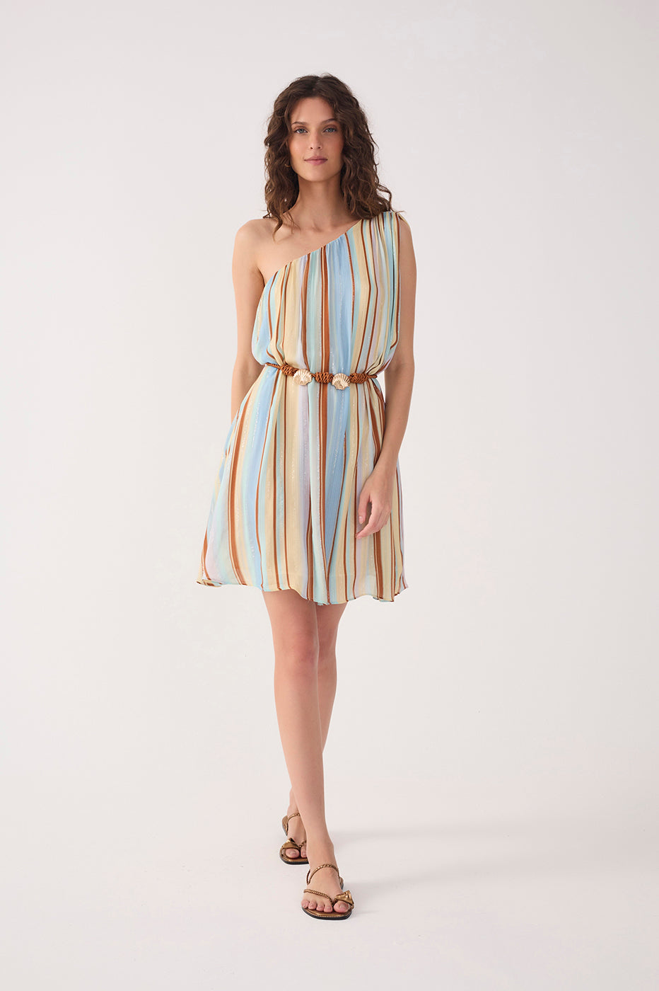 Multicolor Stripes Céu One-Shoulder Lurex Mini Dress_2