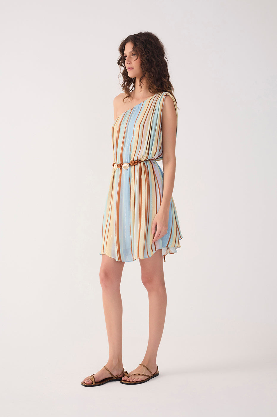 Multicolor Stripes Céu One-Shoulder Lurex Mini Dress_3