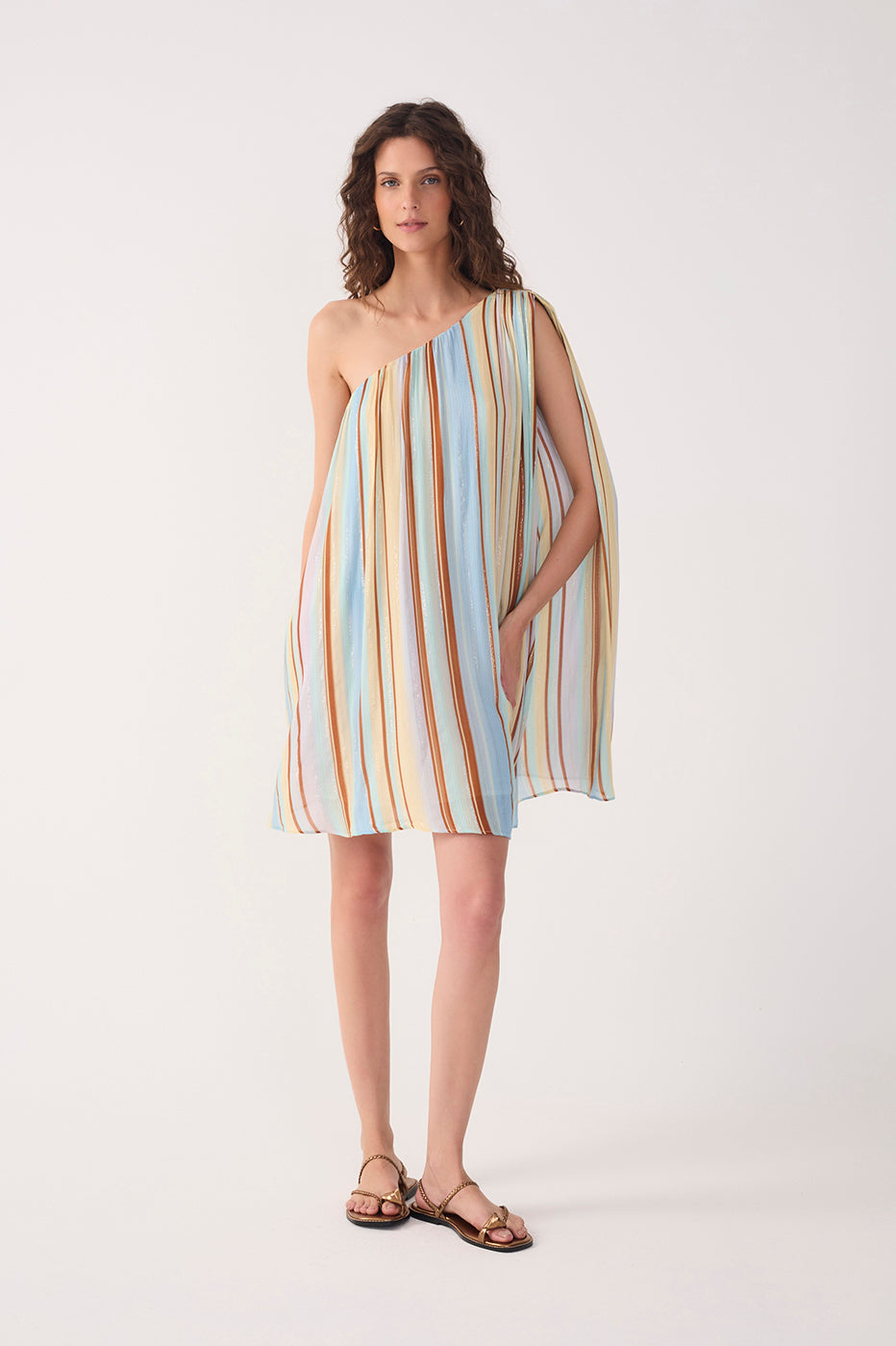 Multicolor Stripes Céu One-Shoulder Lurex Mini Dress_5