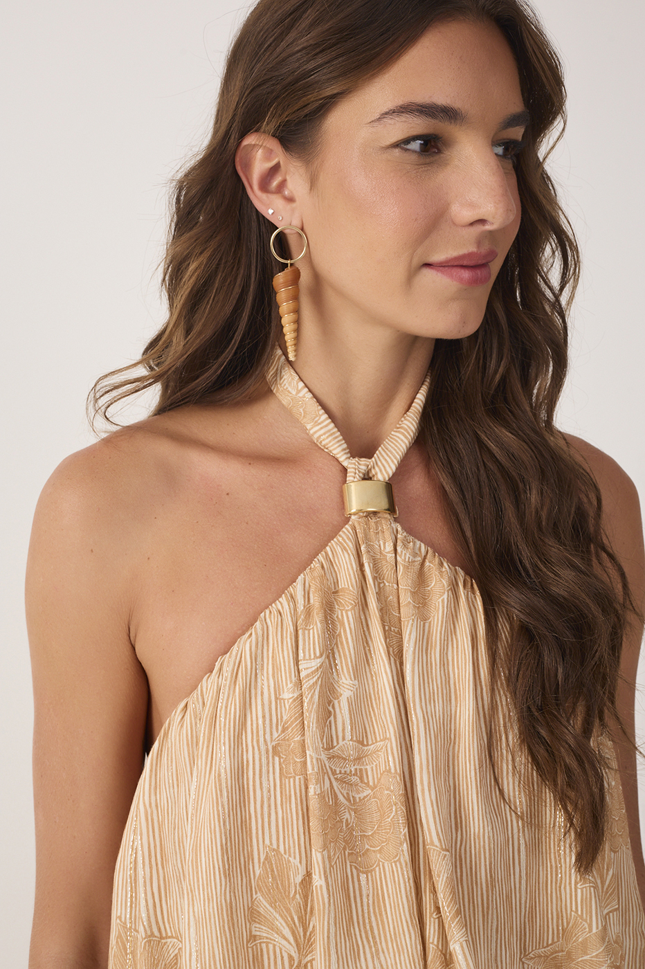 Beige Oceano Halter Neck Lurex Mini Dress_6