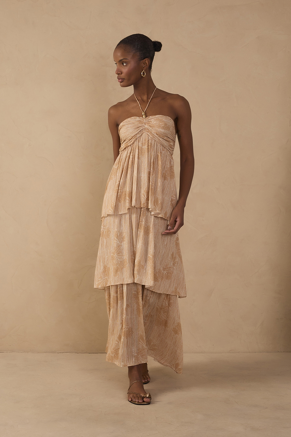 Beige Oceano Smocked Ruffled Maxi Dress_1