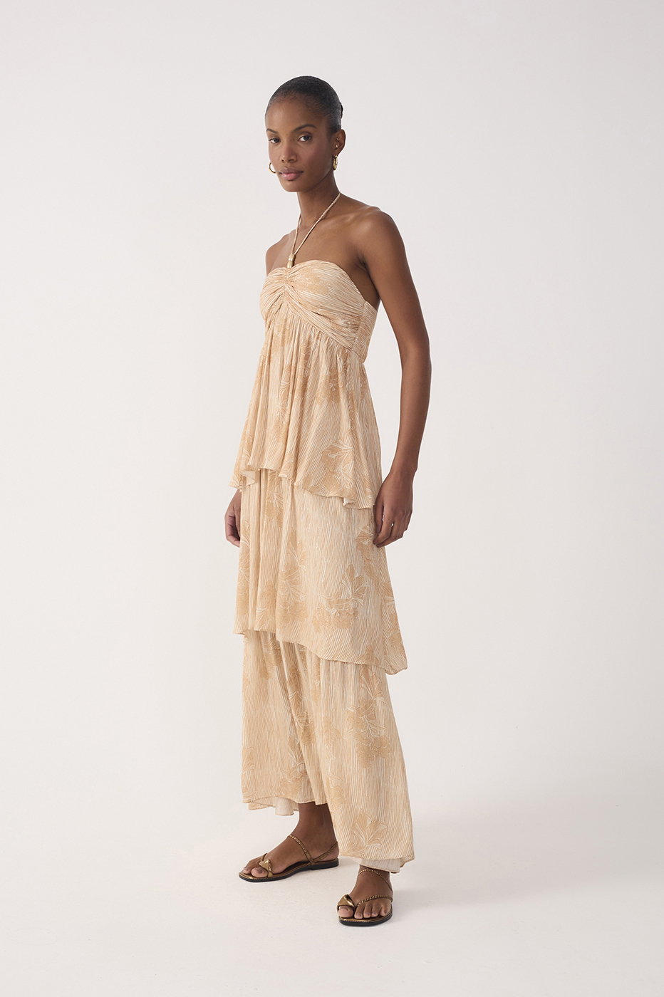 Beige Oceano Smocked Ruffled Maxi Dress_3