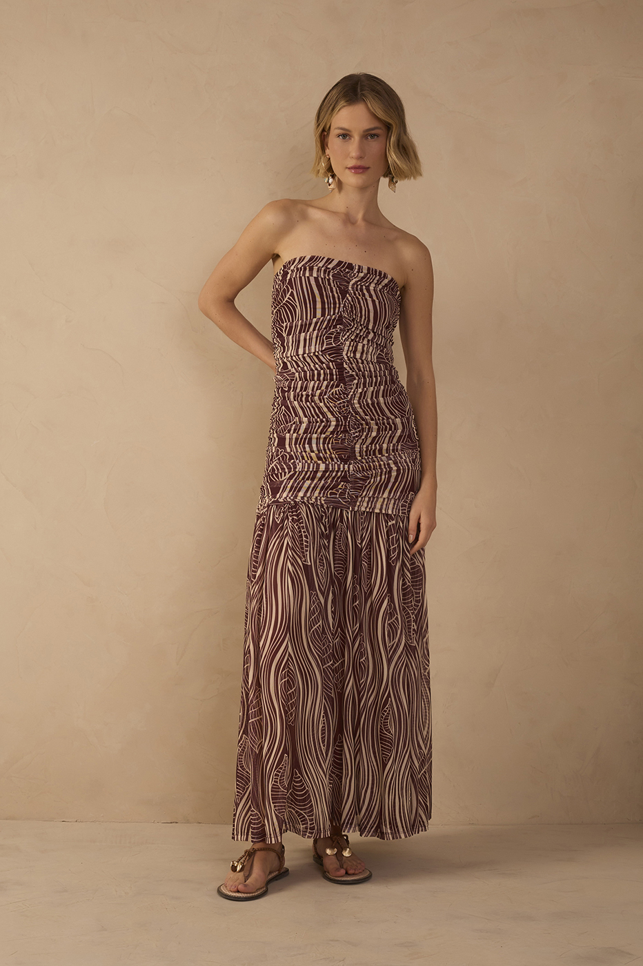 Brown Som Sleeveless Ruched Maxi Dress_1