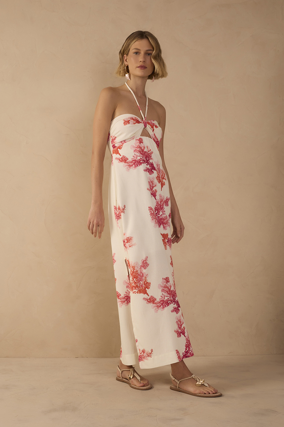 Coral Print Linen Midi Dress