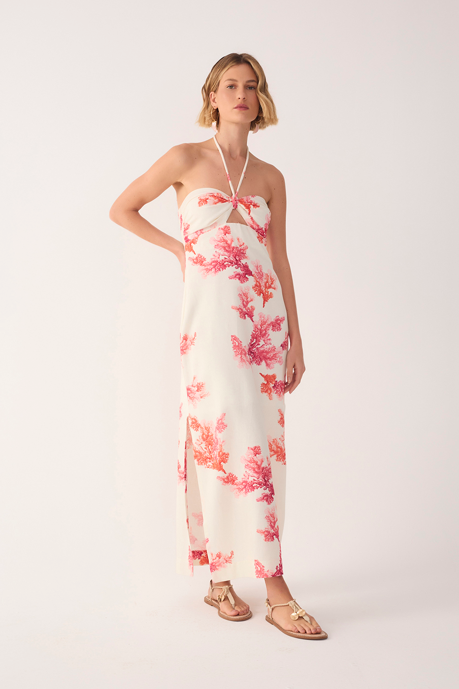 Coral Print Linen Midi Dress_2