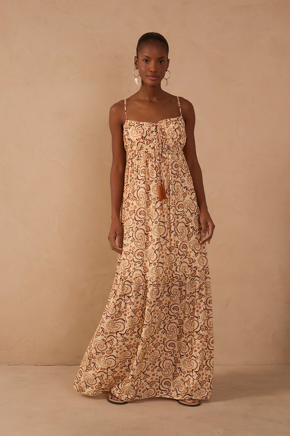 Beige Suspiro Ruched Lurex Maxi Dress_1