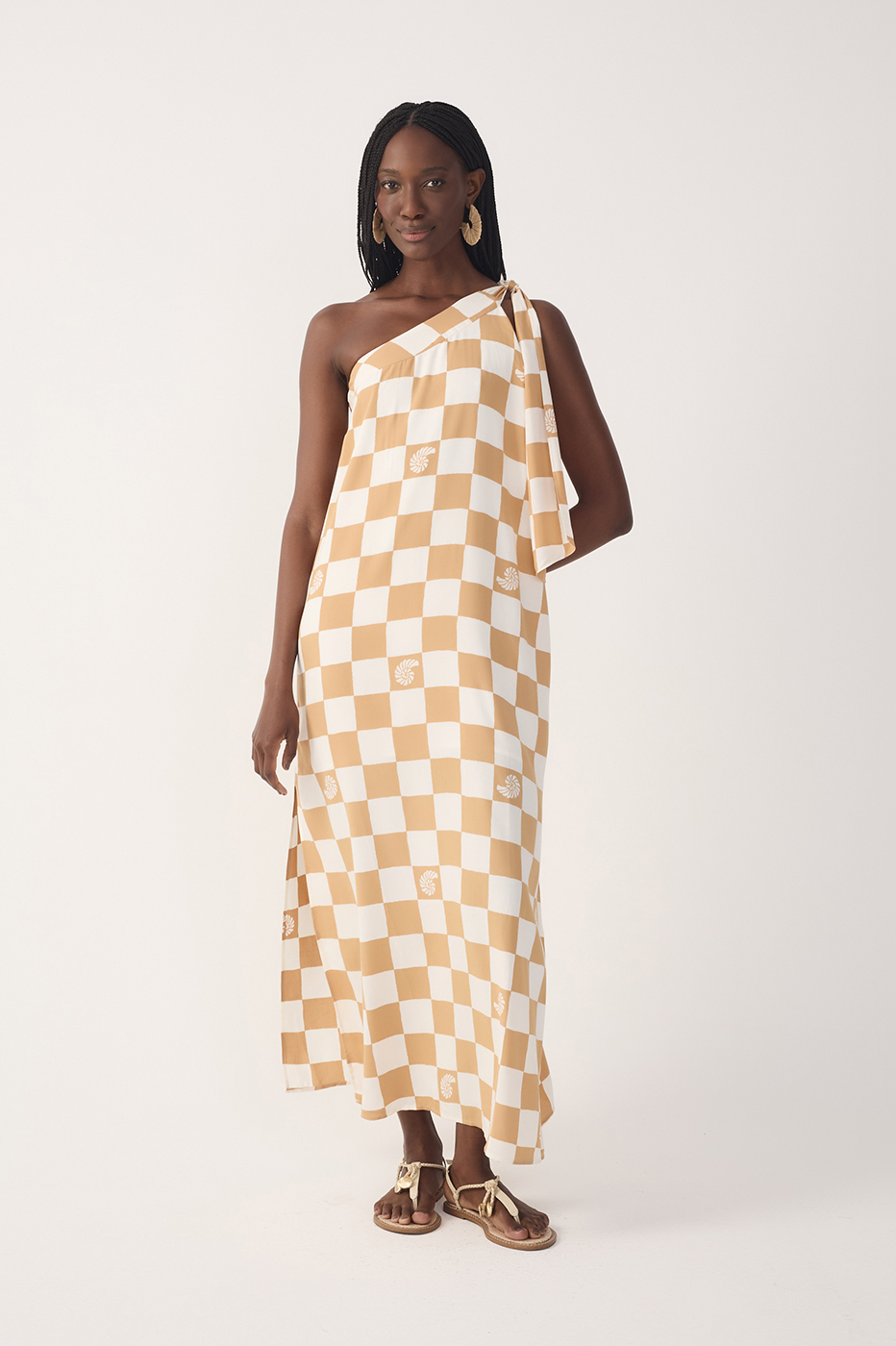 Brown Concha Plaid One-Shoulder Tie Maxi Dress_2