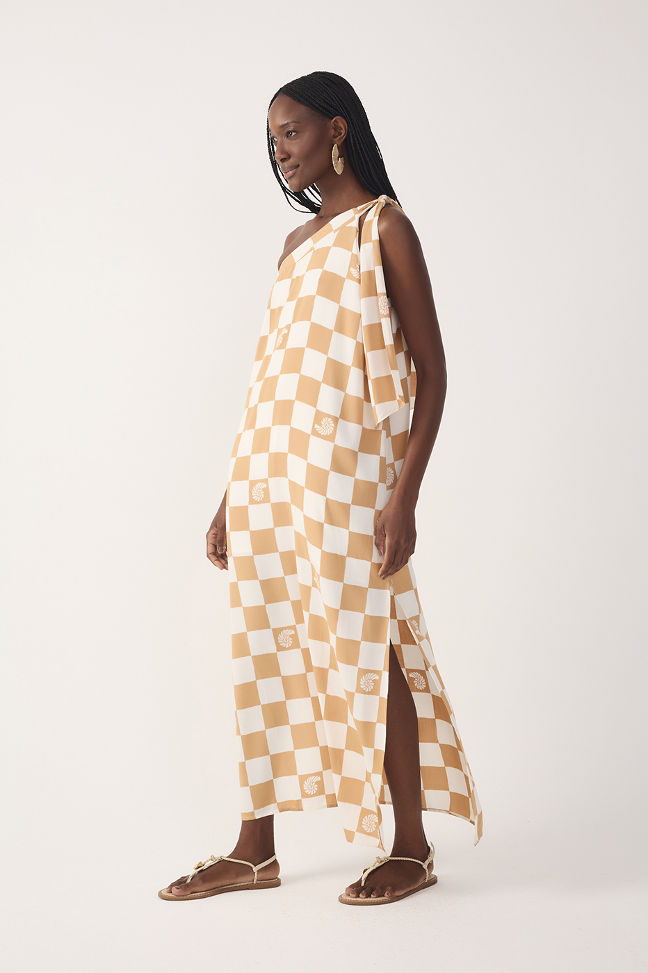 Brown Concha Plaid One-Shoulder Tie Maxi Dress_3
