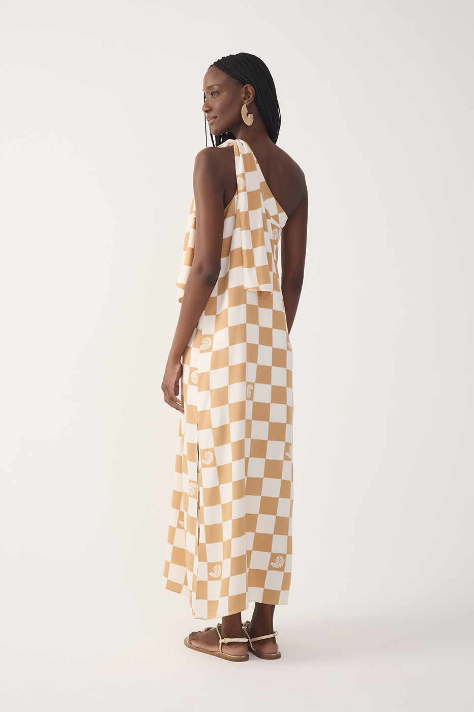 Brown Concha Plaid One-Shoulder Tie Maxi Dress_6