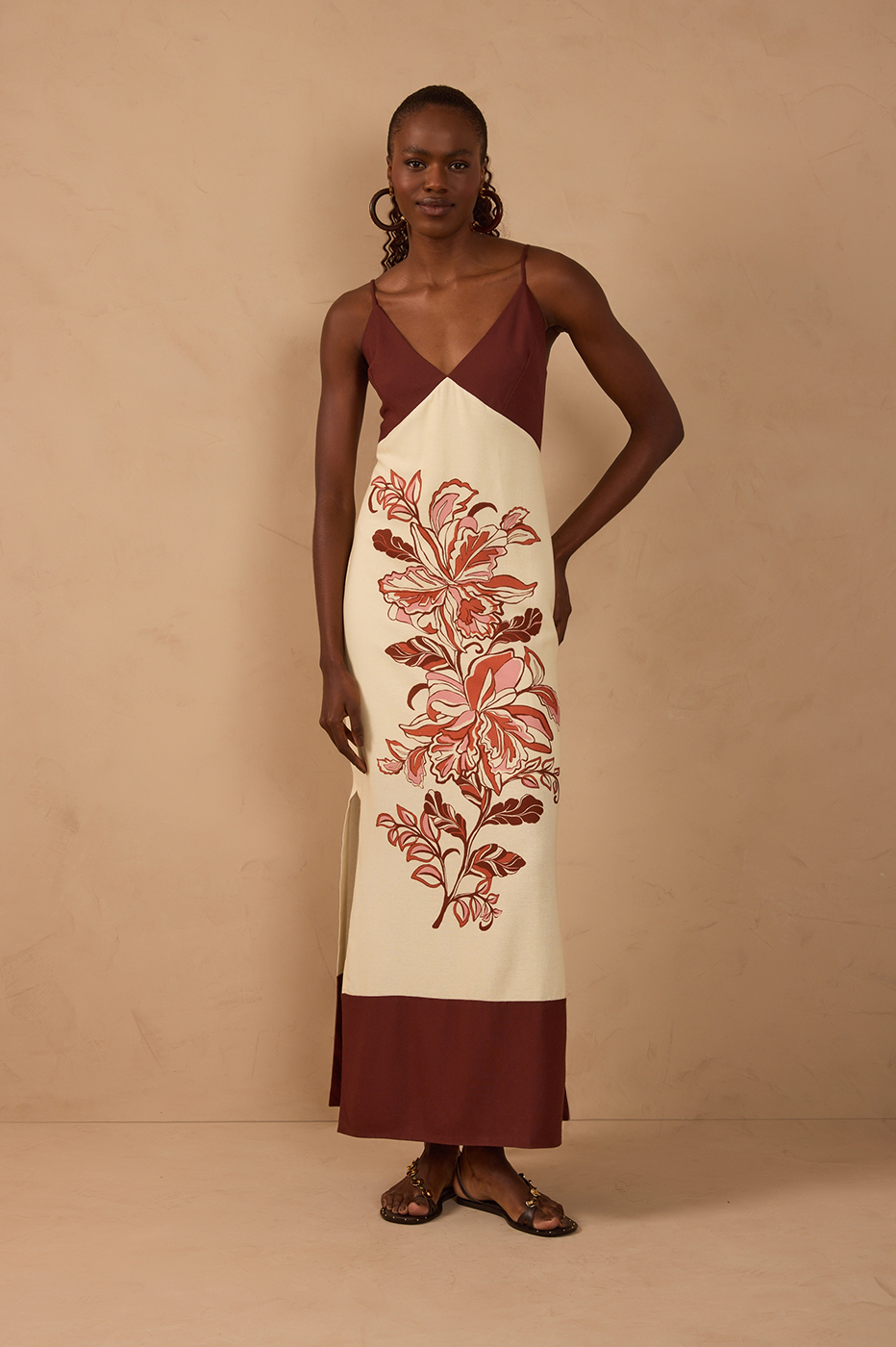 Brown V Neck Back Ties Linen Maxi Dress_1