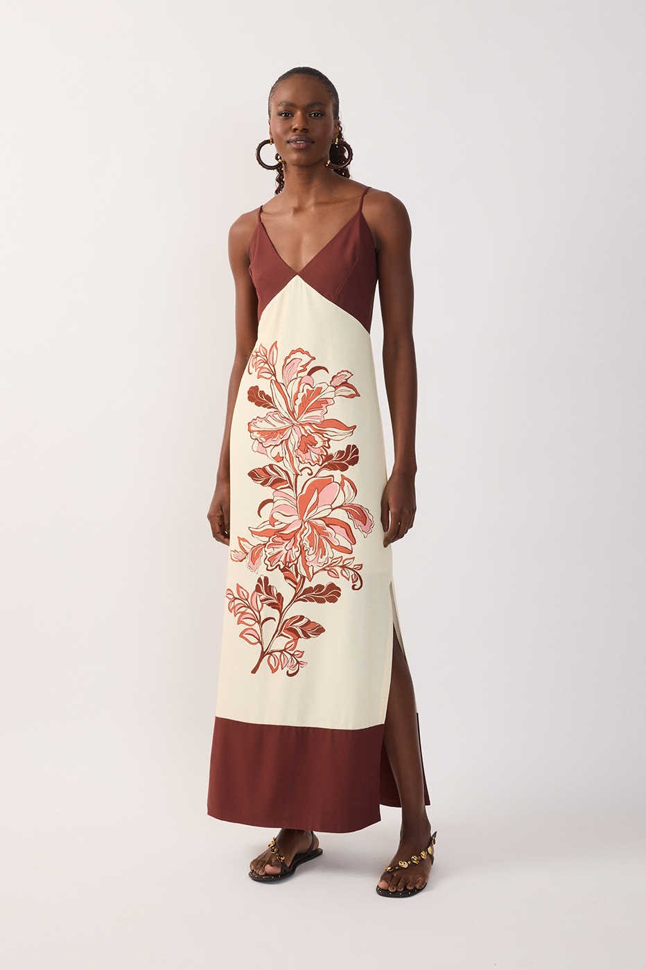 Brown V Neck Back Ties Linen Maxi Dress_2