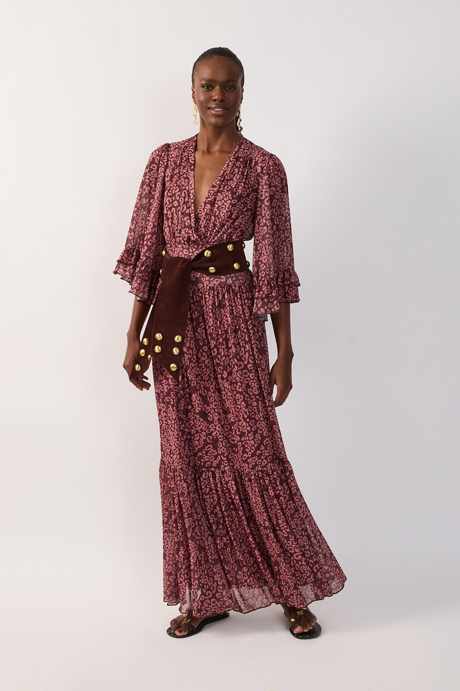 Brown Ruched Ruffled Mesh Maxi Dress_2