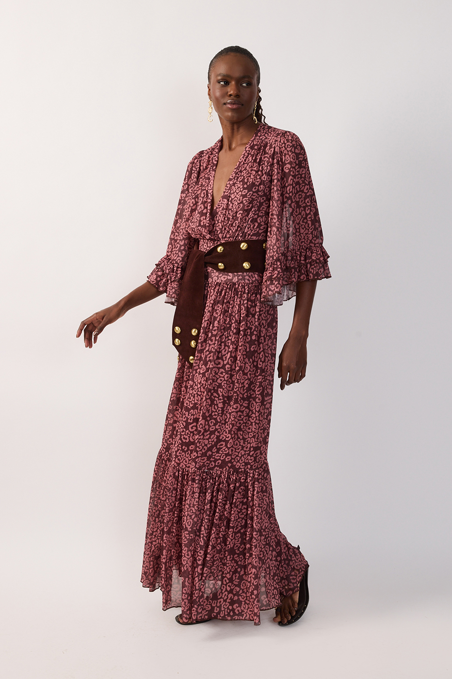 Brown Ruched Ruffled Mesh Maxi Dress_3