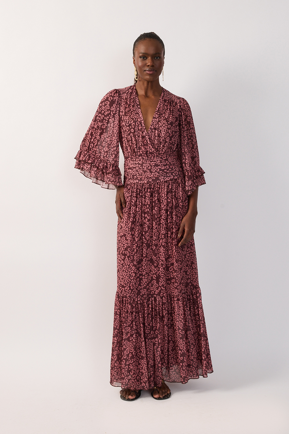 Brown Ruched Ruffled Mesh Maxi Dress_5
