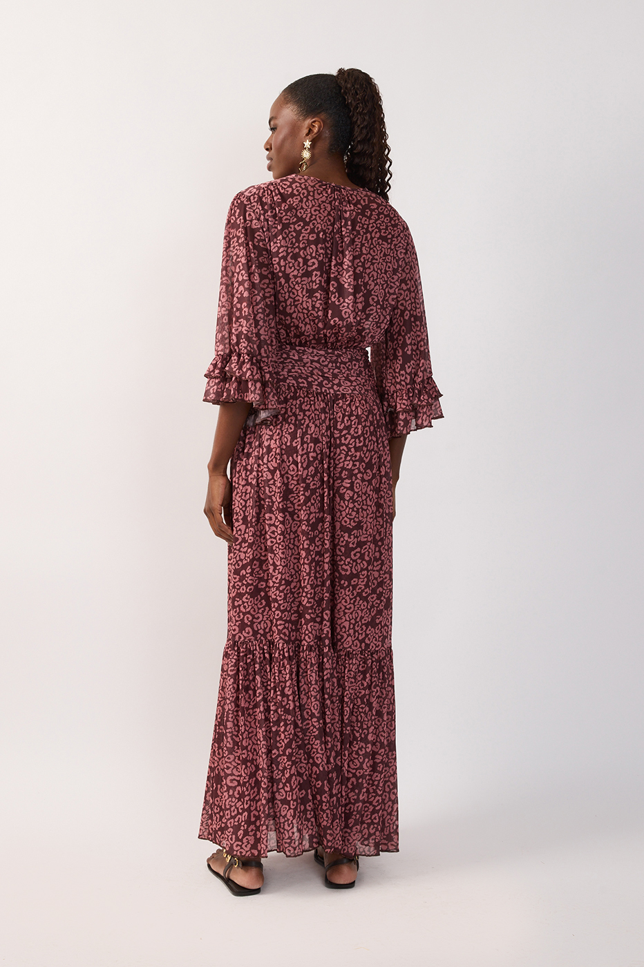 Brown Ruched Ruffled Mesh Maxi Dress_6