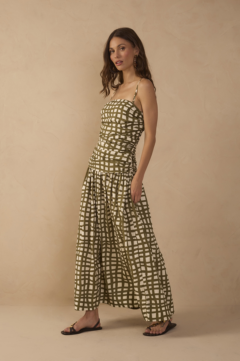Green Ruched Removable Straps Maxi Dress_1
