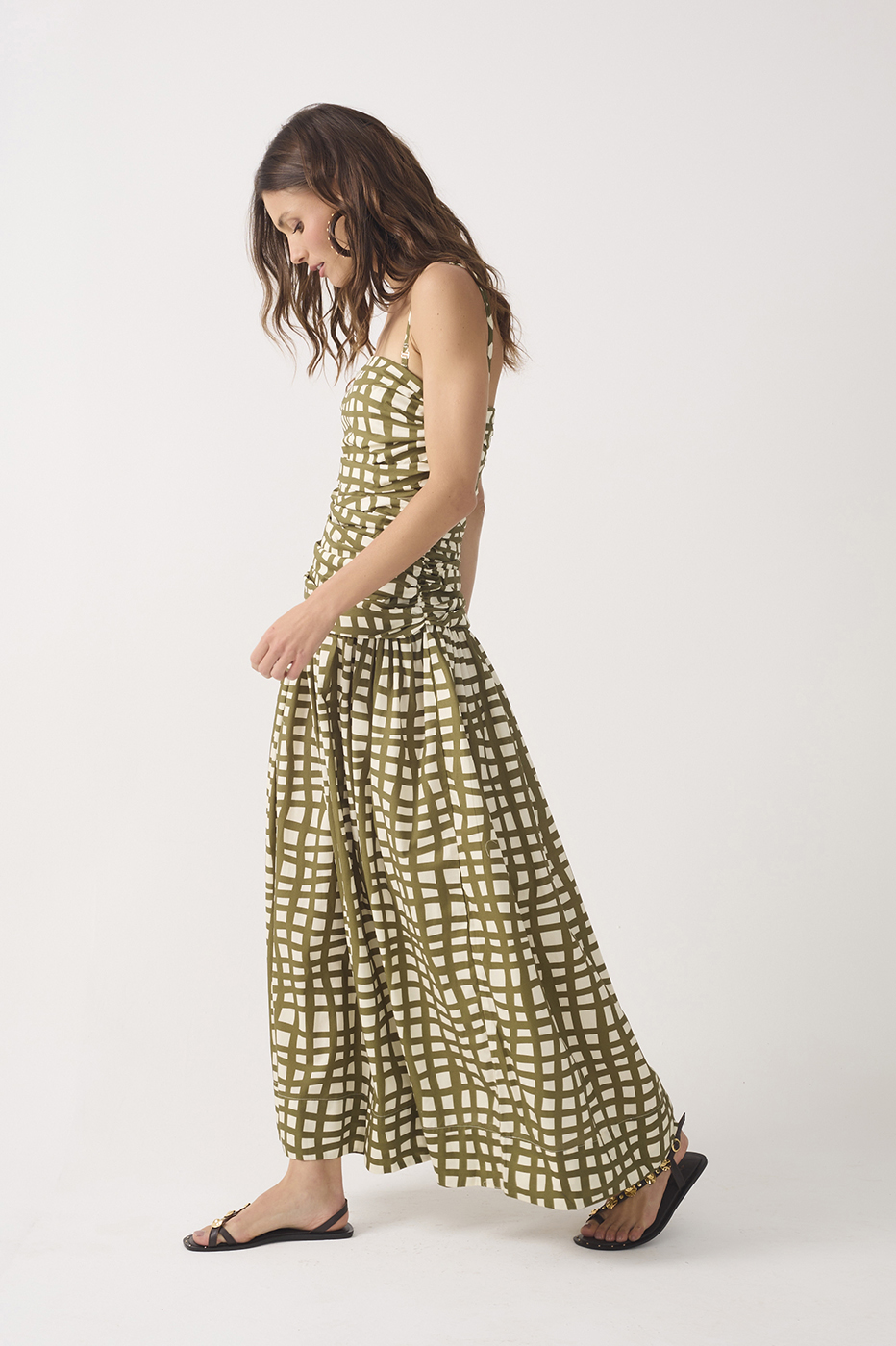 Green Ruched Removable Straps Maxi Dress_3