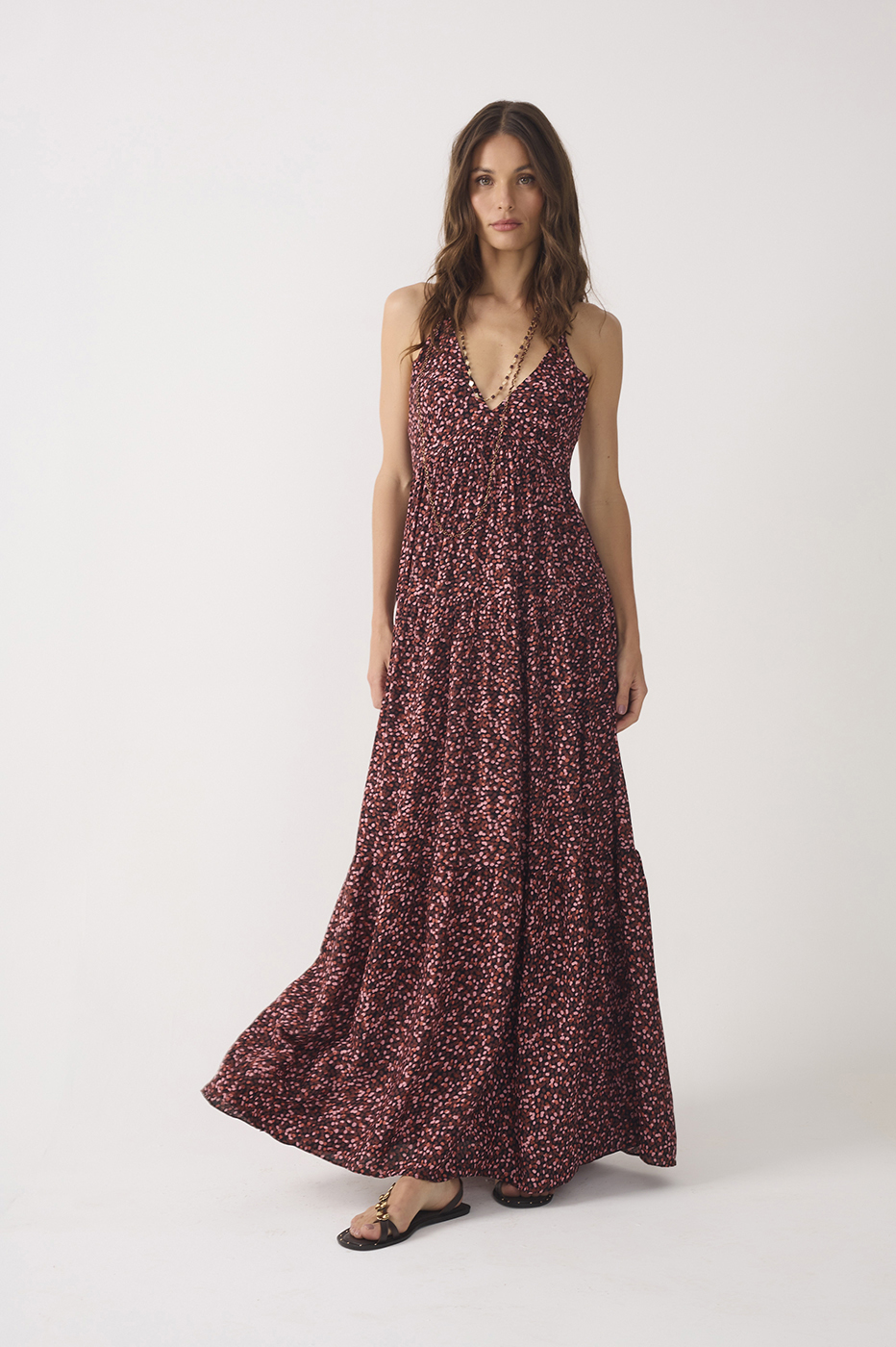 Brown V Neck Adjustable Strap Maxi Dress_2