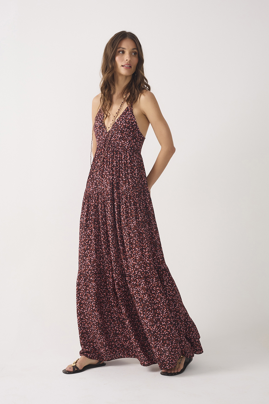 Brown V Neck Adjustable Strap Maxi Dress_3