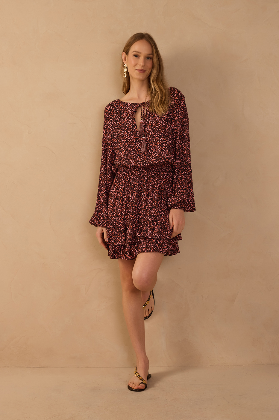 Brown Neck Ties Ruffled Hem Mini Dress_1