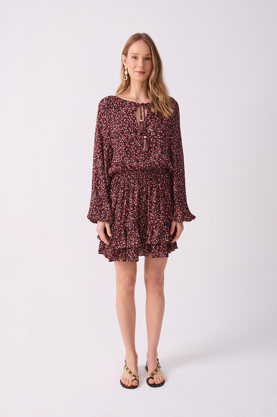 Brown Neck Ties Ruffled Hem Mini Dress_2