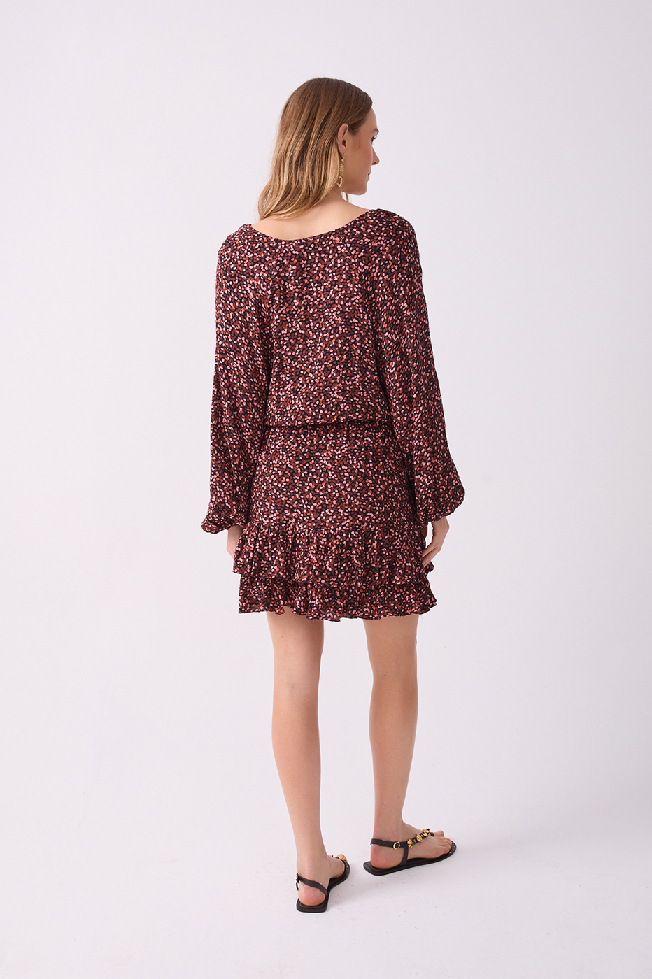 Brown Neck Ties Ruffled Hem Mini Dress_5