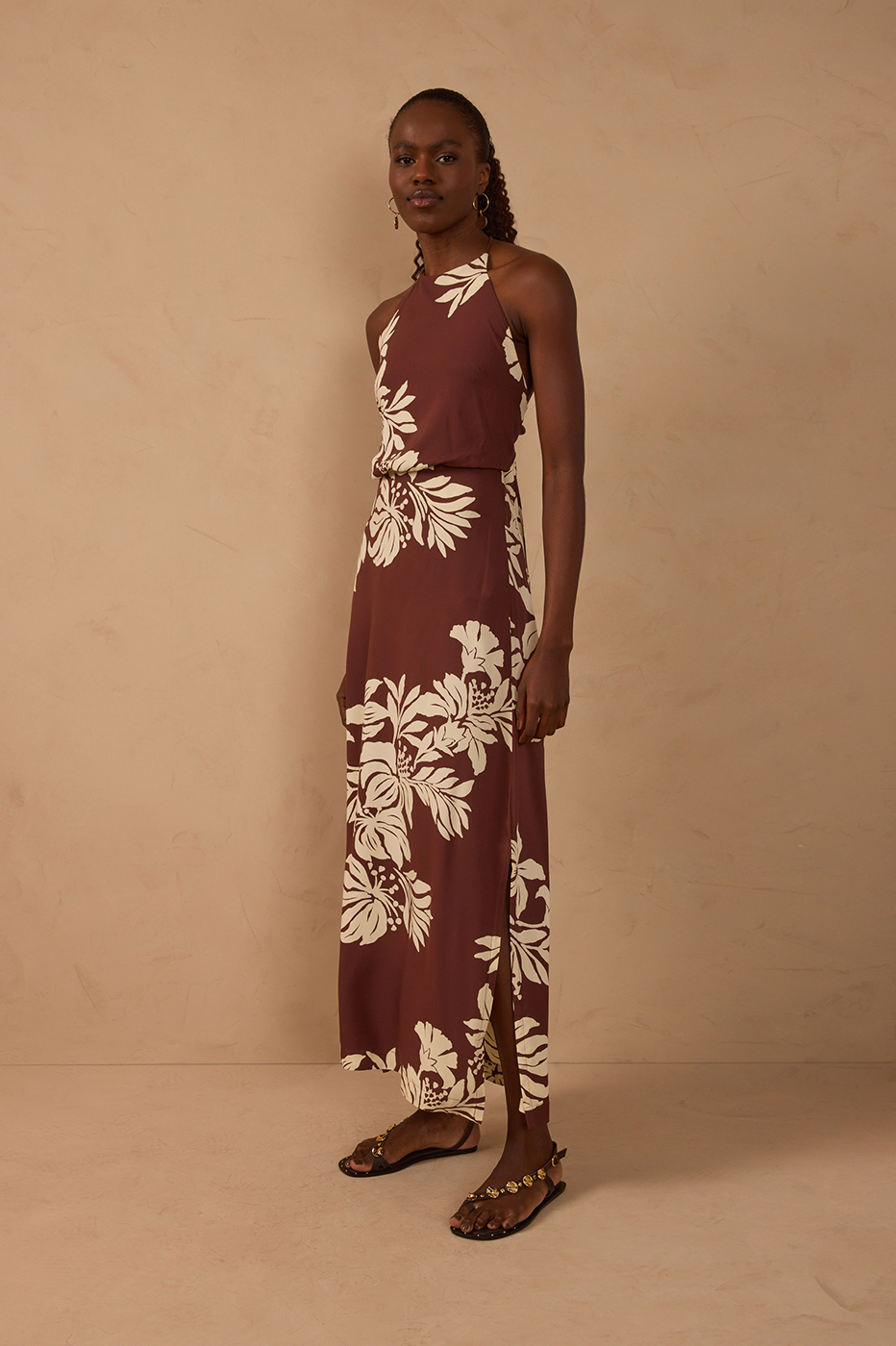 Brown Halter Neck Back Ties Maxi Dress_1
