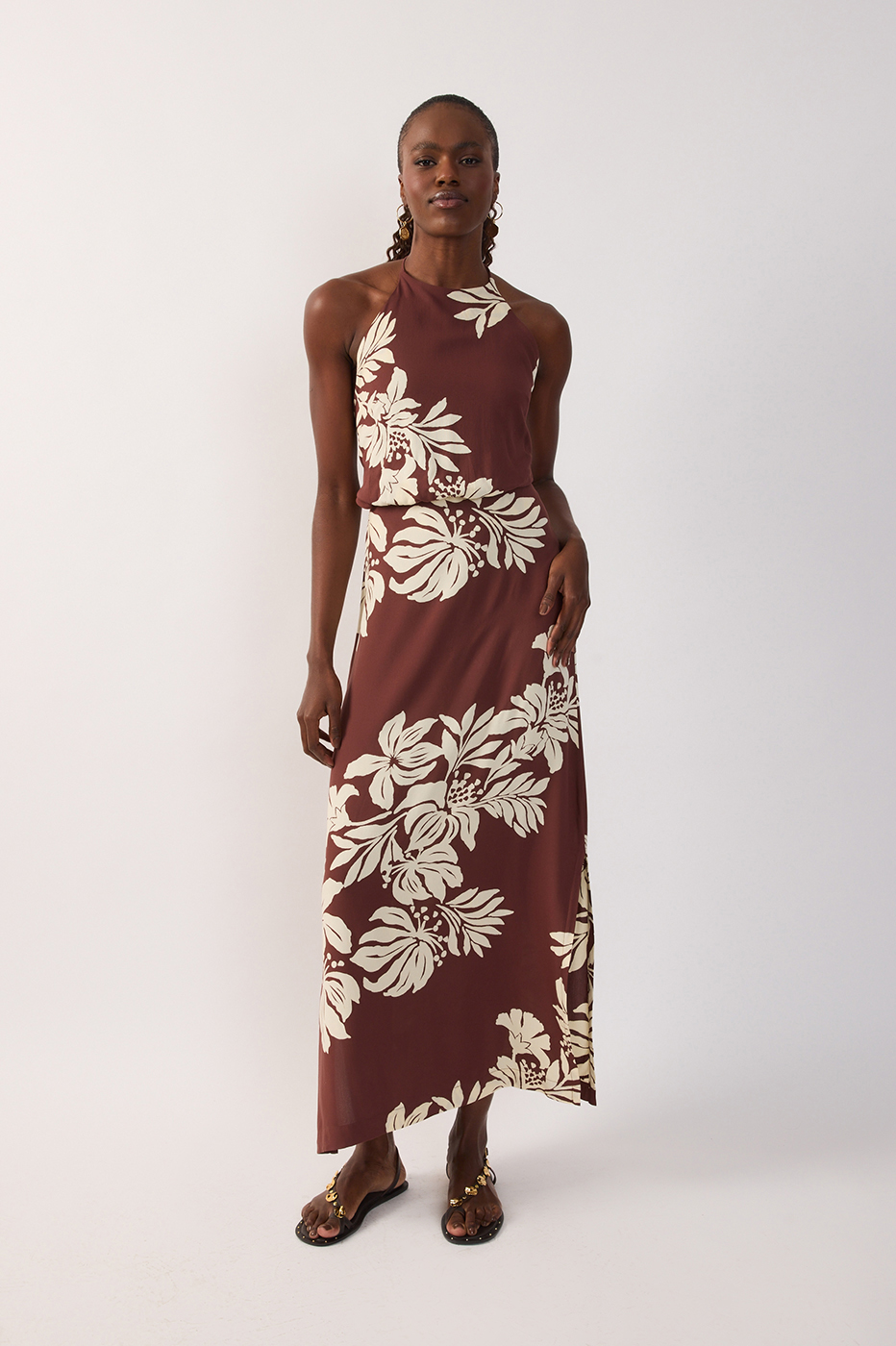 Brown Halter Neck Back Ties Maxi Dress_2