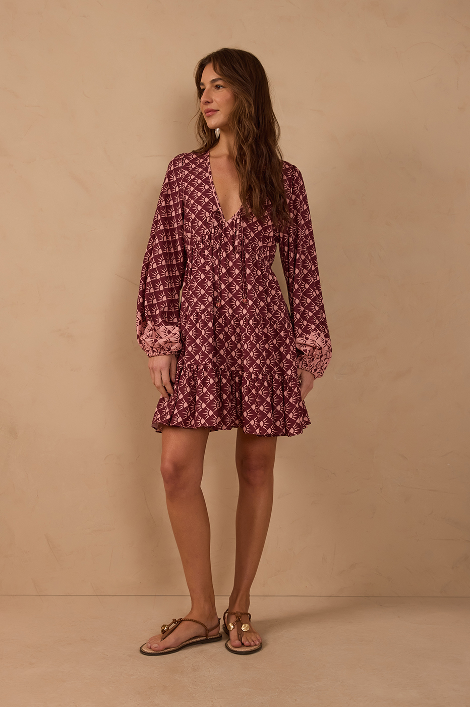 Wine Ties Puff Sleeve Ruffled Mini Dress_1