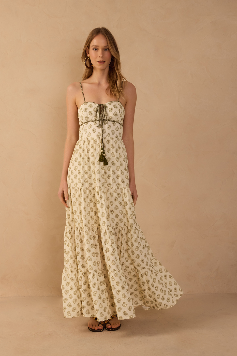 Off-White Front Ties Smocked Maxi Dress_1