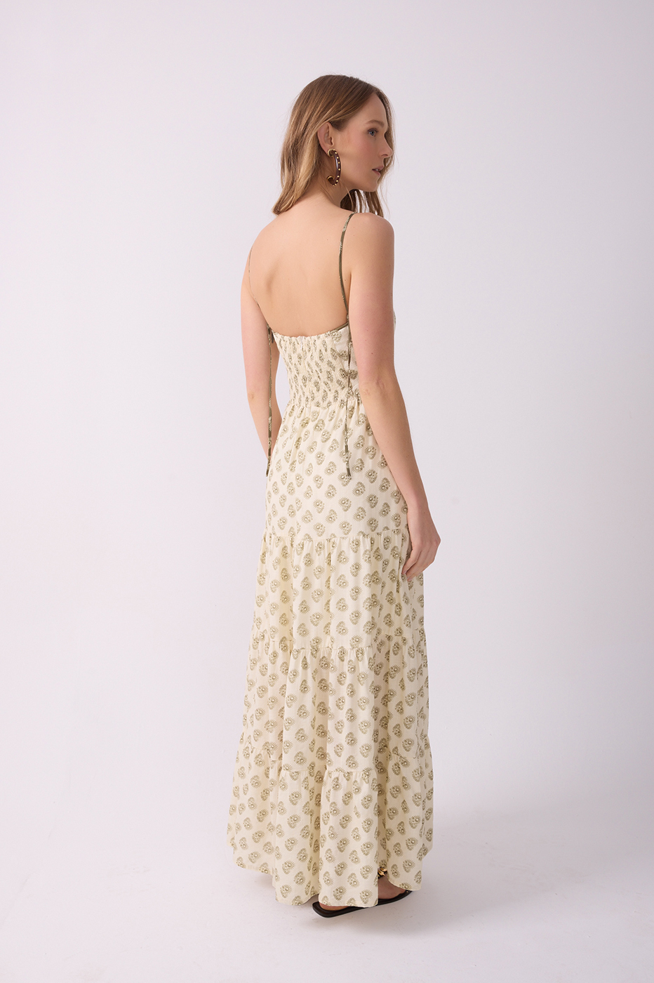 Off-White Front Ties Smocked Maxi Dress_6