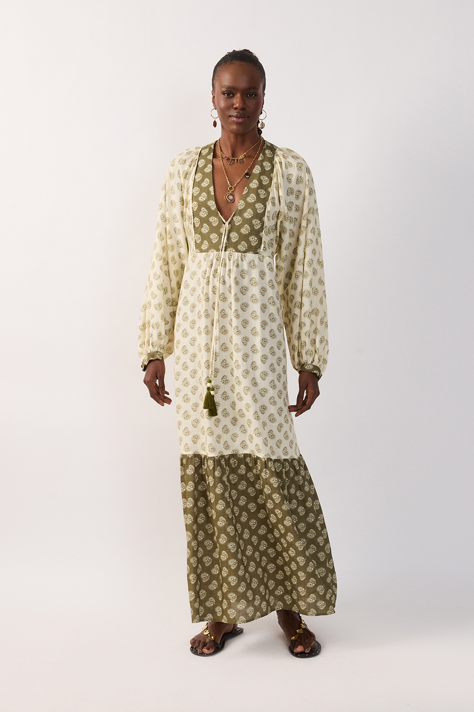 Off-white Miragem Mixed V Neck Ties Puff Sleeve_2