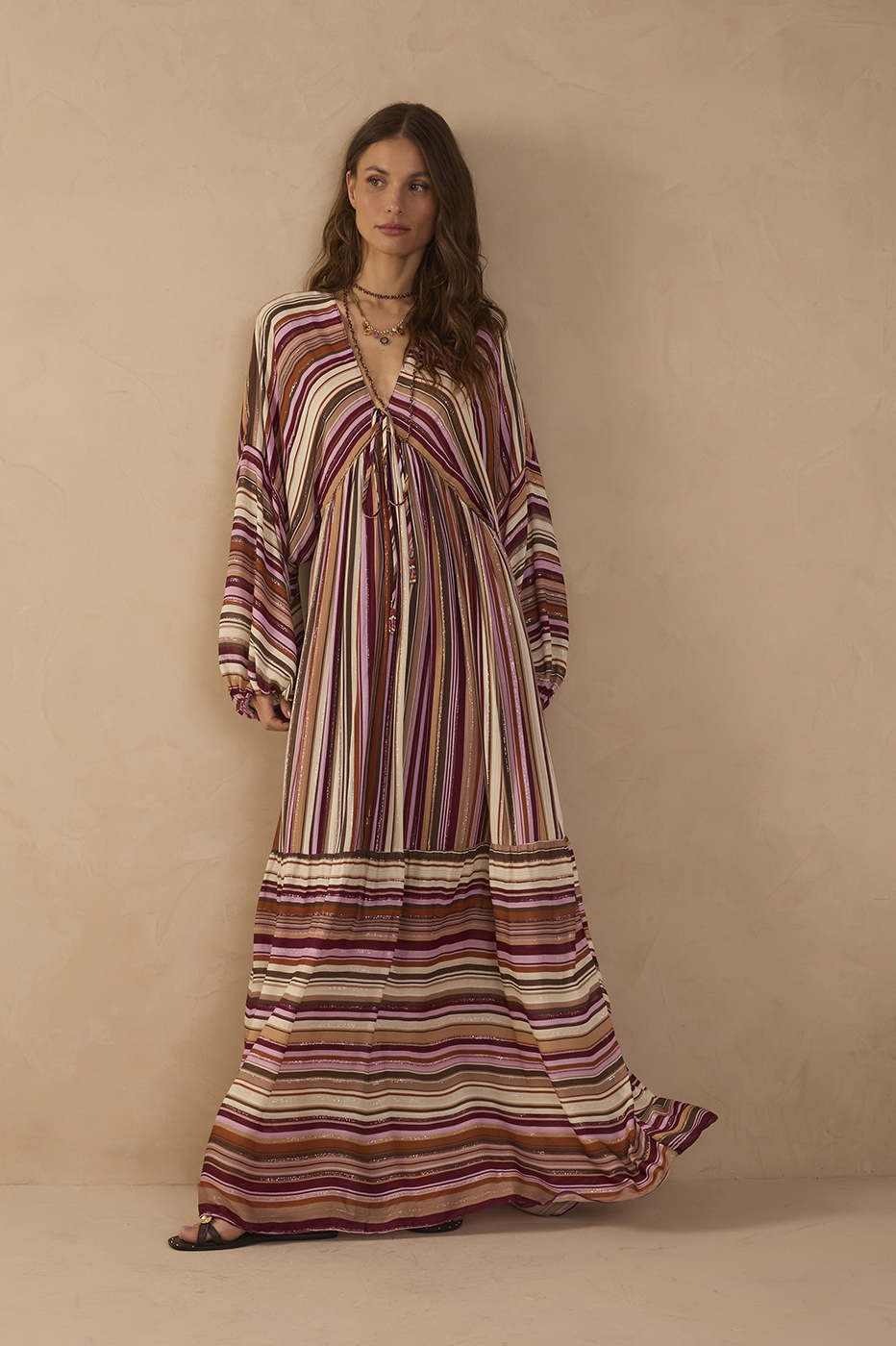 Aurora Stripes Lurex V Neck Wide Sleeve Front Ties Maxi Dress_1