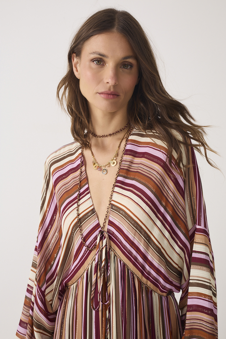 Aurora Stripes Lurex V Neck Wide Sleeve Front Ties Maxi Dress_5