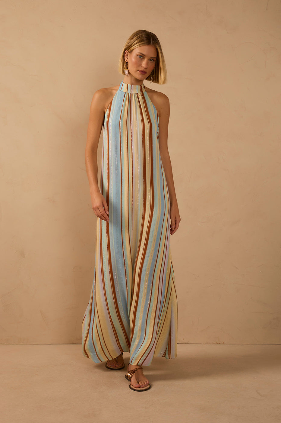 Vestido Longo Lurex Estampa Listra Céu