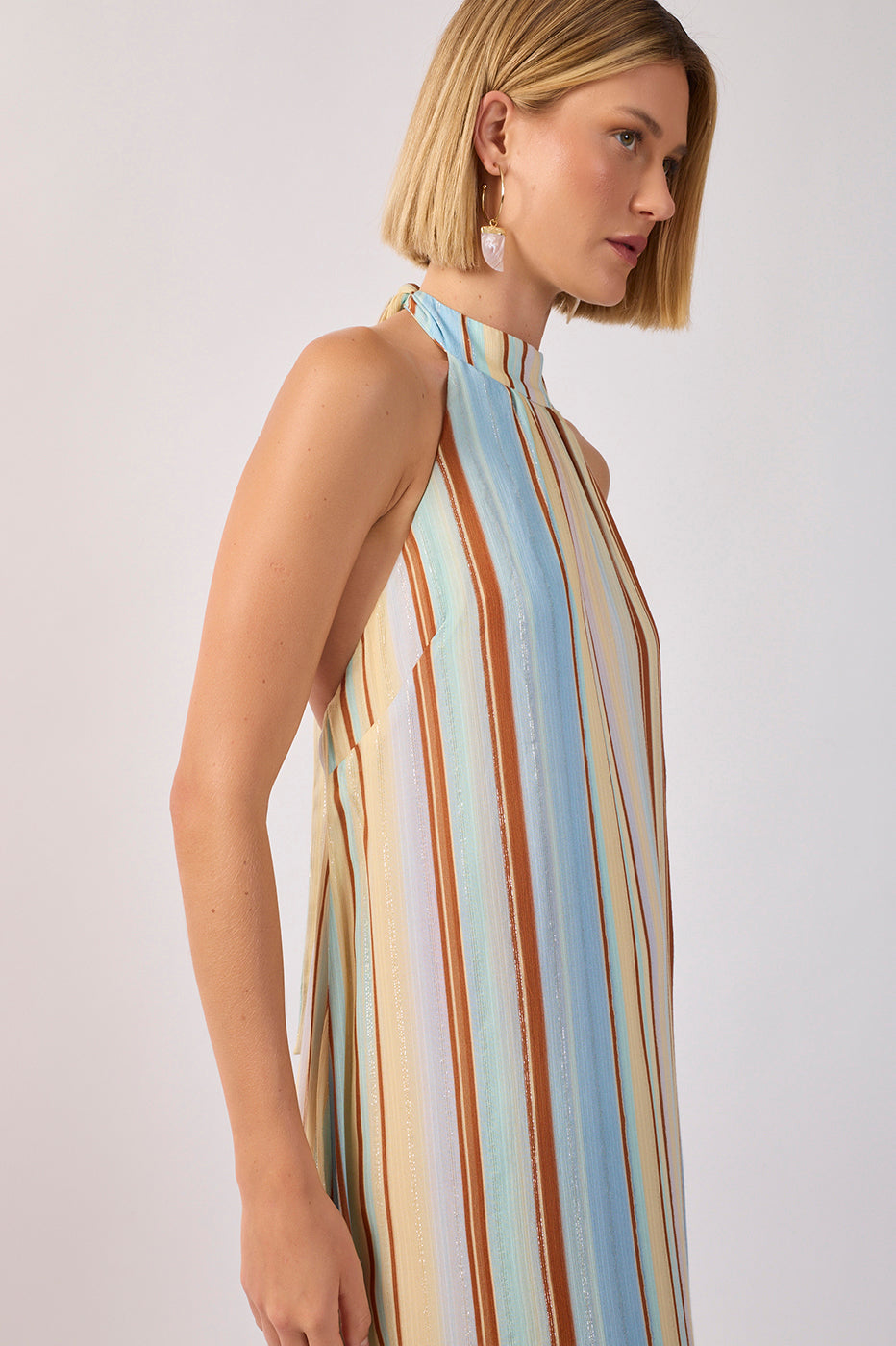 Vestido Longo Lurex Estampa Listra Céu