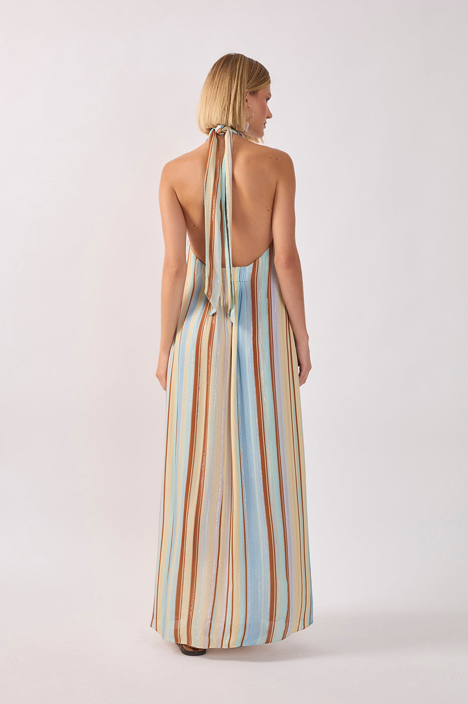 Vestido Longo Lurex Estampa Listra Céu