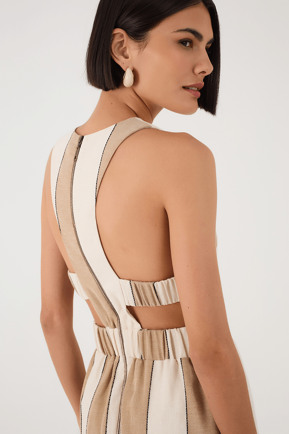 Beige Stripes Cut-Out Bodice Linen Maxi Dress
